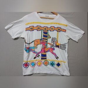 Vtg SGCS By Sacha Colorful Tshirt Shoulder Pads Horses Zebra Boho Sz XL Graphic